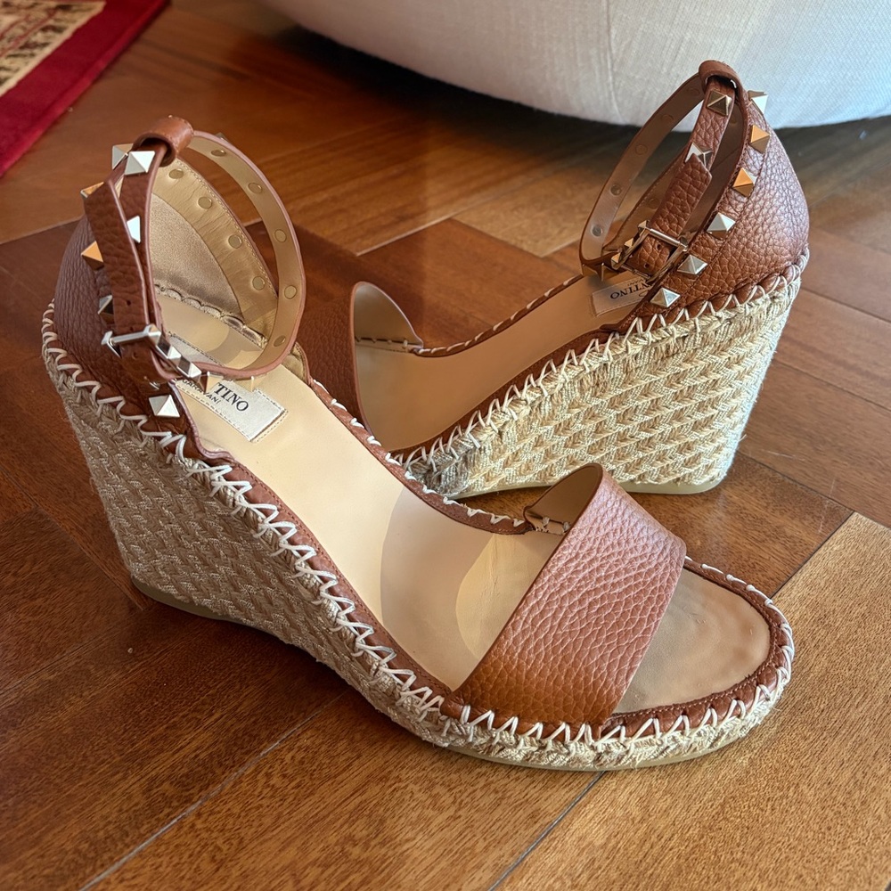 Valentino Brown Leather Espadrille Wedge Sandals with Gold Studs